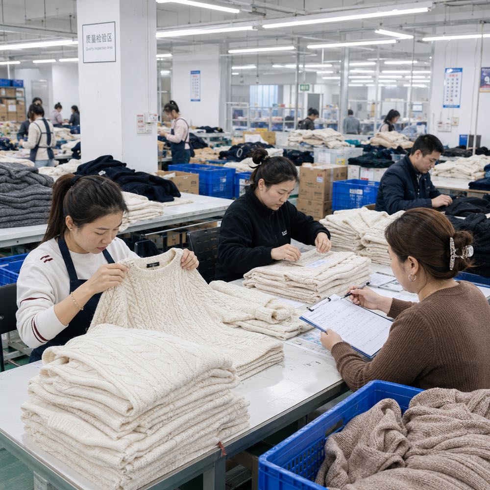EverKnit quality inspection area — checking finished sweaters