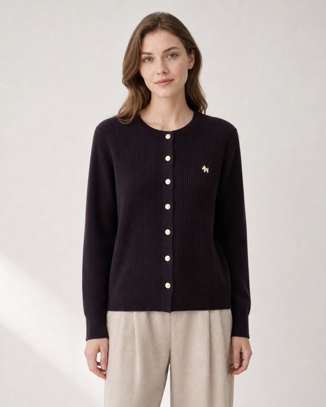 Ribbed crew-neck cardigan in navy