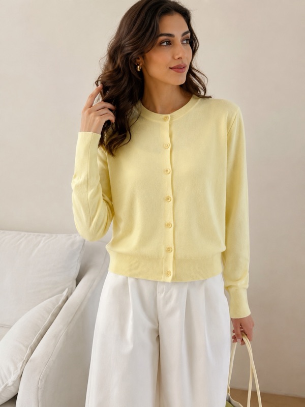 Button-up crew cardigan in lemon yellow