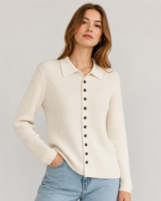 Ribbed polo-collar knit in ivory