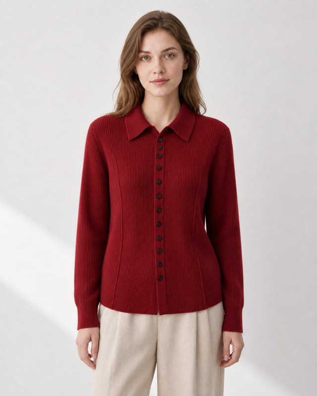 Polo-collar ribbed cardigan in red