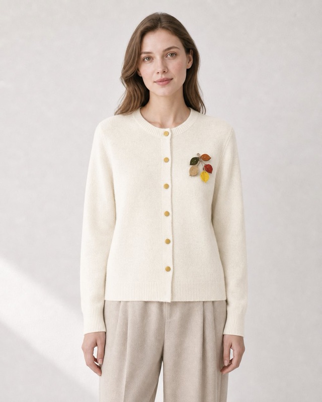 Crew-neck cardigan with brooch in ivory