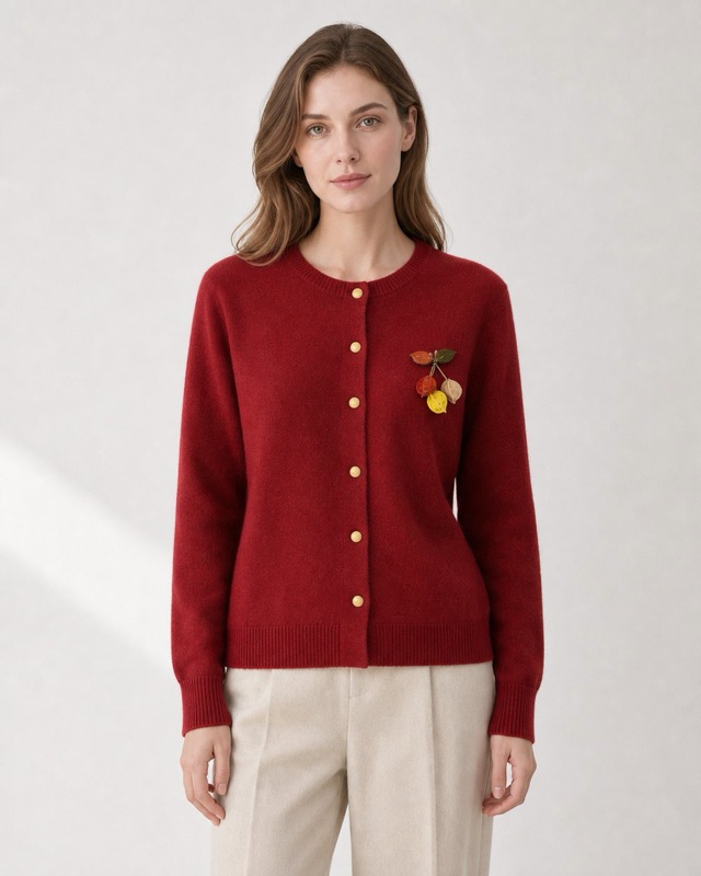 Crew-neck cardigan with brooch in red