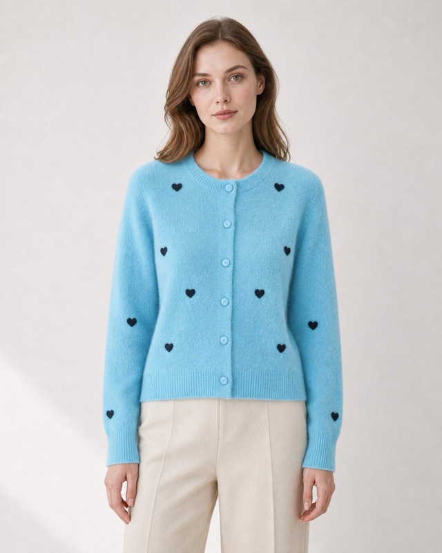 Heart-embroidered cardigan in sky blue