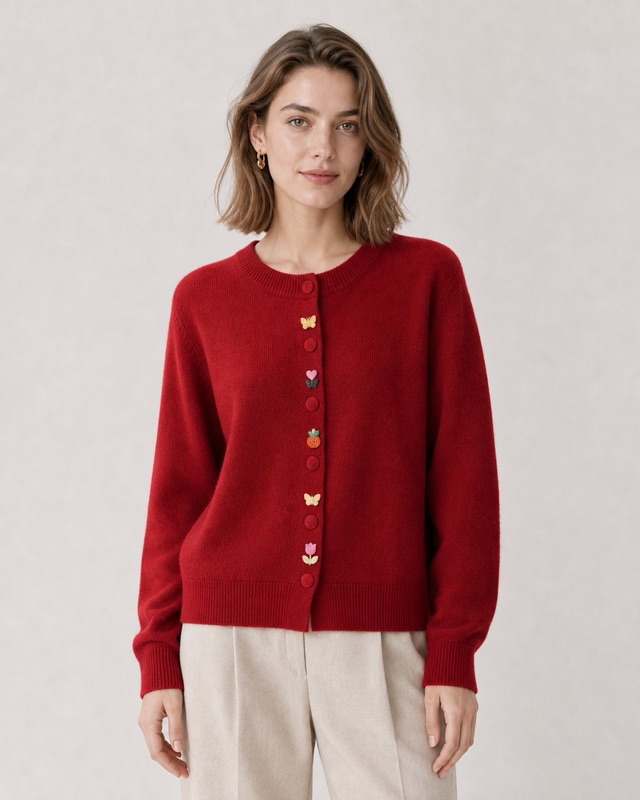 Crew-neck cardigan in red