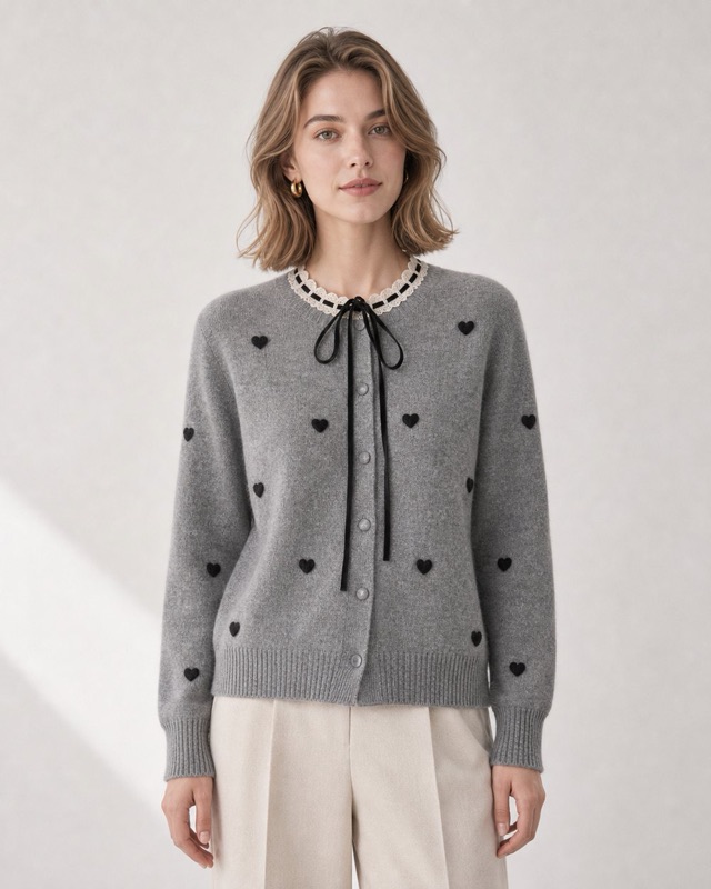 Heart cardigan with bow collar in grey
