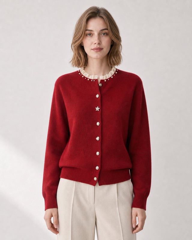 Pearl-trim cardigan in red